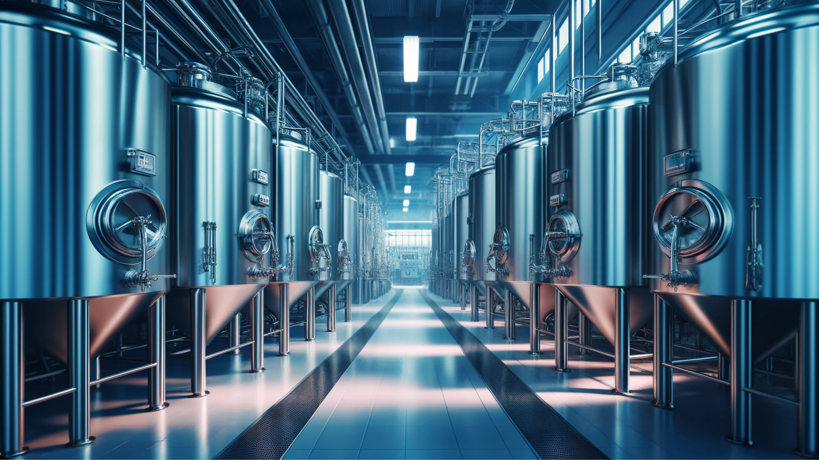 AI generated image of two rows of brew tanks in a facility.