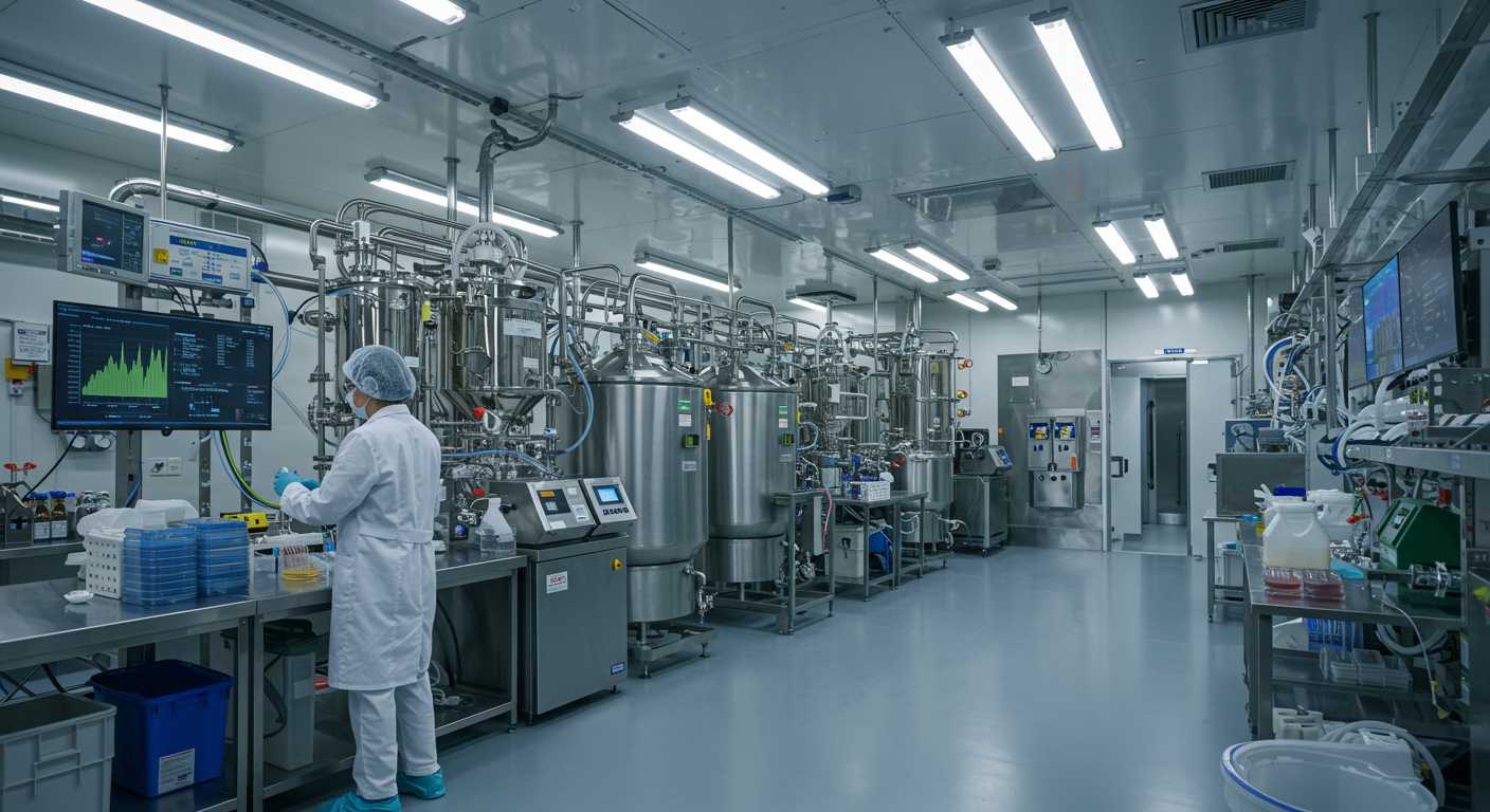 Person in a lab coat working in a sterile laboratory setting with equipment and monitors.