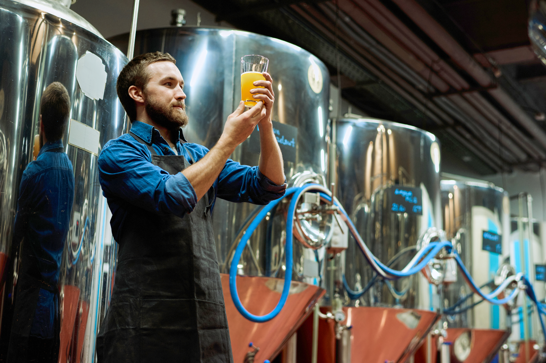 Man holding a glass of beer in a brewery setting with large metal tanks.