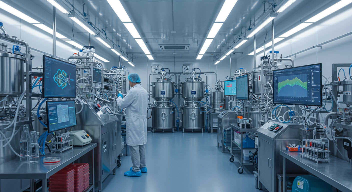 Person working in a sterile laboratory with equipment and monitors.