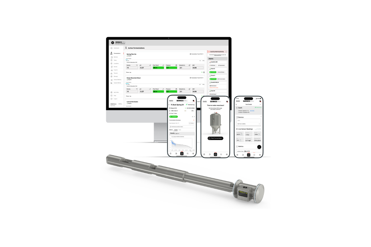 Computer monitor, smartphone, and tablet displaying software interfaces with a metal rod on a white background.