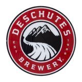 Deschutes Brewery logo with a red border and mountain design.